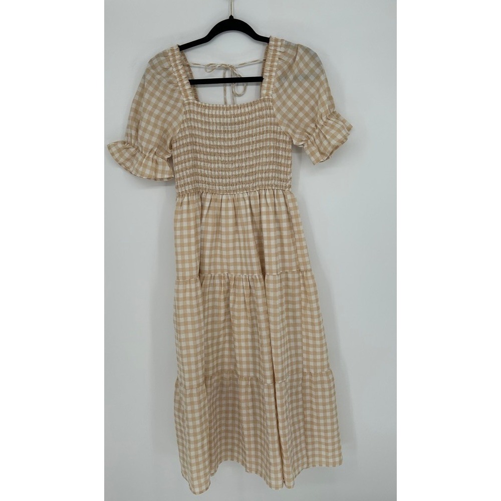 ZESICA Brown Gingham MidiDress Small Smocked PuffSleeve Cottagecore Boho Prairie